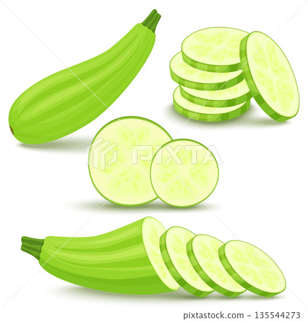 Zucchini is fresh. Squash whole, half with seeds and slice in cross section.Vegetable, ingredient, the element of packaging design for food, recipes. Isolated on white vector illustration. flat style 135544273