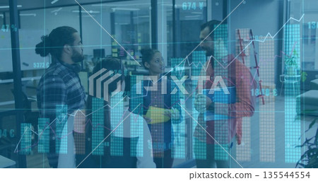 Discussing data, team of five professionals collaborating in open-plan office, with digital charts Discussing data, team of five professionals collaborating in open-plan office, with digital charts 135544554