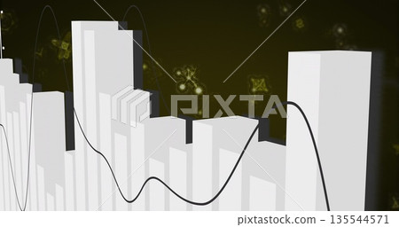 Displaying 3D bar chart columns in dark digital space, with black trend line and glowing clusters 135544571