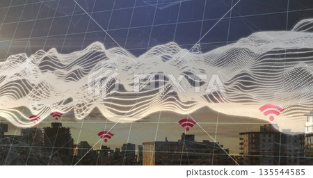 White dotted wave mesh grid overlay hovering over apartment, office rooftops with red WiFi icons 135544585