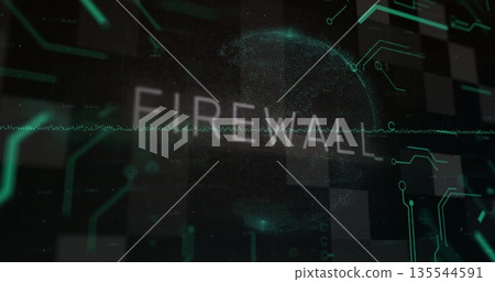Displaying FIREWALL label over digital sphere on network map, with neon-green circuitry Displaying FIREWALL label over digital sphere on network map, with neon-green circuitry 135544591