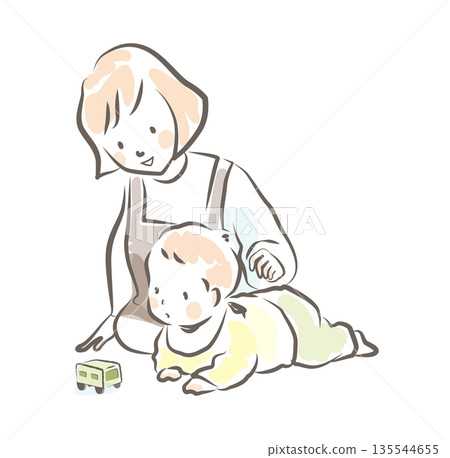 A crawling baby and a teacher watching from behind A crawling baby and a teacher watching from behind 135544655