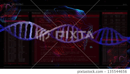 Displaying glowing DNA double helix pulsing with neon in digital interface, with waveform overlays Displaying glowing DNA double helix pulsing with neon in digital interface, with waveform overlays 135544656