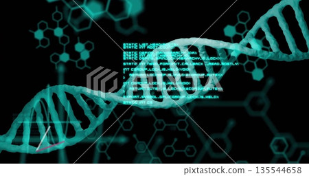 Spiraling DNA helix graphic on digital abstract interface, with code overlay and hexagonal patterns Spiraling DNA helix graphic on digital abstract interface, with code overlay and hexagonal patterns 135544658