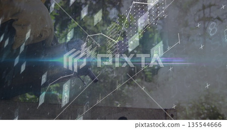 Reaching man wearing gloves operating control panel at outdoor worksite with lens flare, holograms Reaching man wearing gloves operating control panel at outdoor worksite with lens flare, holograms 135544666