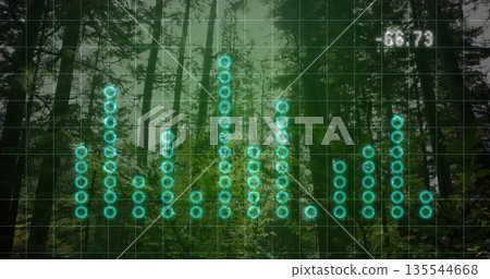 Showing bar chart grid overlaying misty pine forest, with glowing turquoise nodes and readout 66 Showing bar chart grid overlaying misty pine forest, with glowing turquoise nodes and readout 66 135544668