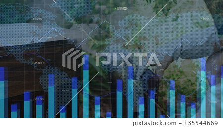 Business professionals shaking hands in garden terrace meeting, with wooden table and data overlay Business professionals shaking hands in garden terrace meeting, with wooden table and data overlay 135544669