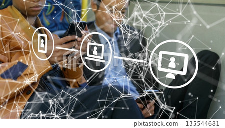 Tapping smartphones, woman in leather jacket, man in jacket sitting on bus showing network overlay Tapping smartphones, woman in leather jacket, man in jacket sitting on bus showing network overlay 135544681