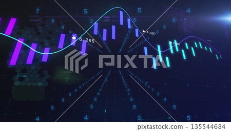 Displaying chart on hex grid, with candlestick bars, curved trend line and floating numeric labels 135544684