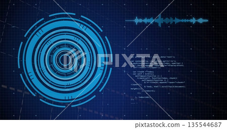 Floating futuristic circular HUD on dark blue grid, displaying audio waveform and JavaScript code Floating futuristic circular HUD on dark blue grid, displaying audio waveform and JavaScript code 135544687