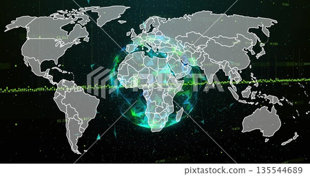 Glowing Earth sphere rotating in interface, with triangular particles map lines and data stream 135544689