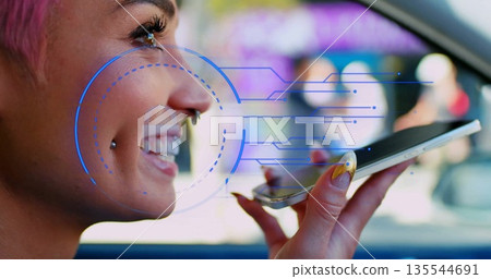 Speaking into smartphone with digital interface overlay in car front passenger seat, copy space 135544691