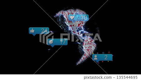 Displaying pixelated globe on dark data dashboard, with floating social media notification badges Displaying pixelated globe on dark data dashboard, with floating social media notification badges 135544695