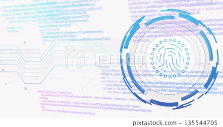 Displaying fingerprint scan graphic on cybersecurity dashboard, with circuit tracings and code Displaying fingerprint scan graphic on cybersecurity dashboard, with circuit tracings and code 135544705