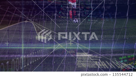 Kicking soccer player in red jersey driving ball toward goal net on pitch, with data overlays Kicking soccer player in red jersey driving ball toward goal net on pitch, with data overlays 135544712