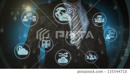 Interacting businessman wearing suit raising hand at data center, with globe and cloud icons 135544718