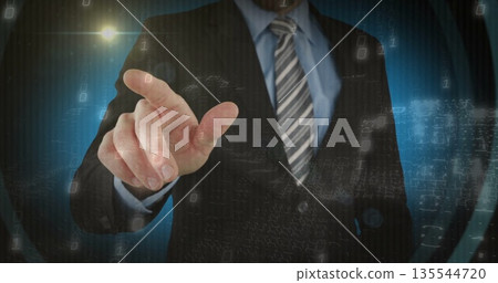Pointing executive in suit and tie interacting with interface in office, with floating binary code 135544720