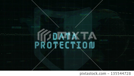 Displaying glowing DATA PROTECTION text with shield in grid, dotted globe numeric waveform overlays 135544728