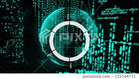 Showing ring chart overlaying wireframe globe in cyberspace with code streams over grid floor 135544731