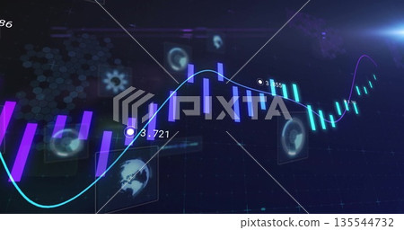 Displaying dashboard with fluctuating purple bars and cyan line in grid interface, with HUD icons Displaying dashboard with fluctuating purple bars and cyan line in grid interface, with HUD icons 135544732