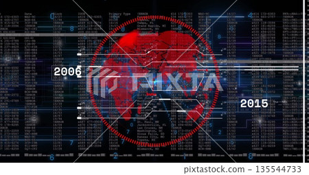 Displaying red world map graphic within circular grid overlay on control screen, with data lines Displaying red world map graphic within circular grid overlay on control screen, with data lines 135544733