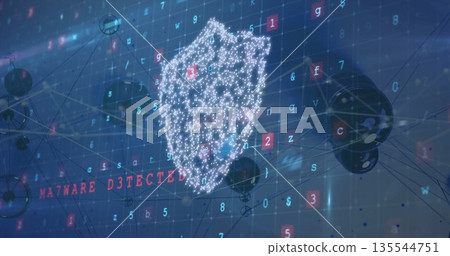 Displaying digital shield hovering in cyber network with nodes, alphanumeric code, red warning text 135544751