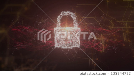 Floating glowing padlock icon weaving through network space, with red data streams, amber node grid 135544752