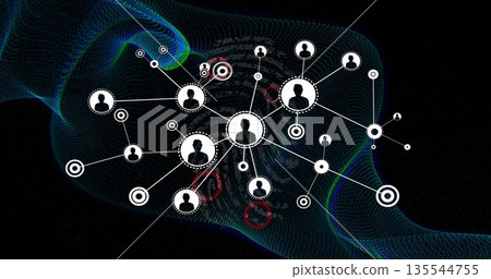 Connecting white nodes with silhouette avatars on teal mesh wave in cyberspace, with red rings 135544755