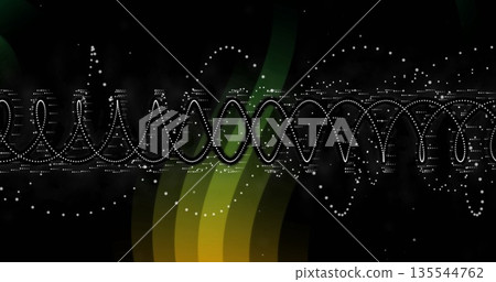 White dotted sine waves oscillating in black canvas, with green yellow gradients and dot clusters White dotted sine waves oscillating in black canvas, with green yellow gradients and dot clusters 135544762