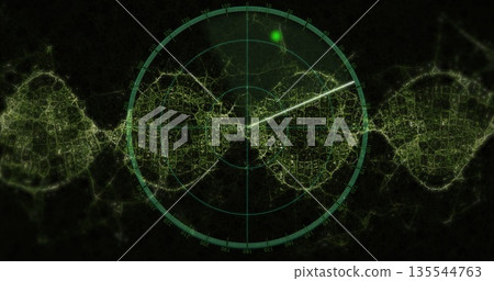 Scanning circular green radar overlay sweeping DNA network over lab panel, with hexagonal mesh 135544763