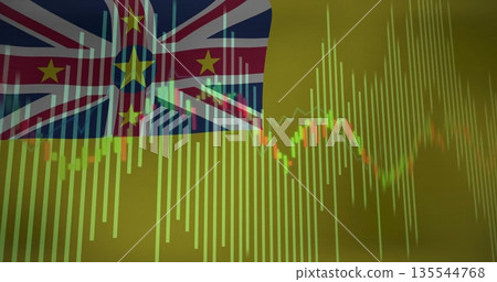 Displaying Niue flag overlaying stock market bar graph on digital backdrop, with candlestick chart Displaying Niue flag overlaying stock market bar graph on digital backdrop, with candlestick chart 135544768