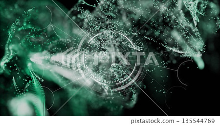 Displaying translucent circular HUD interface in virtual space, with green particles and rings Displaying translucent circular HUD interface in virtual space, with green particles and rings 135544769