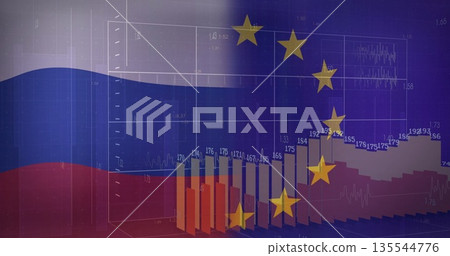 Displaying 3D bar charts, line graphs and numeric labels, with EU stars over Russian flag stripes Displaying 3D bar charts, line graphs and numeric labels, with EU stars over Russian flag stripes 135544776