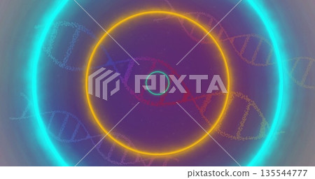 Displaying neon rings and red eye glowing on digital canvas with purple gradient and DNA motifs Displaying neon rings and red eye glowing on digital canvas with purple gradient and DNA motifs 135544777