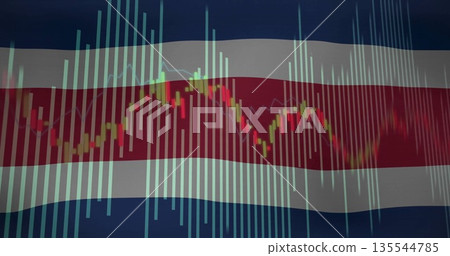 Displaying Costa Rican flag stripes on digital chart, with vertical bars and candlestick line graph Displaying Costa Rican flag stripes on digital chart, with vertical bars and candlestick line graph 135544785