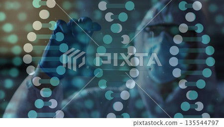 Holding vial scientist in protective coverall with gloves analyzing sample in lab, with DNA overlay 135544797