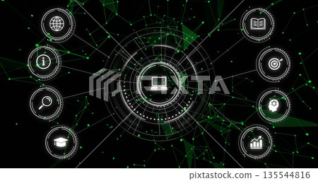 Displaying laptop icon at central UI hub connecting eight icons in virtual network, with green mesh Displaying laptop icon at central UI hub connecting eight icons in virtual network, with green mesh 135544816