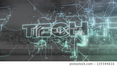 Glowing word TECH hovering over virtual urban skyline, with holographic circuits and network nodes Glowing word TECH hovering over virtual urban skyline, with holographic circuits and network nodes 135544818