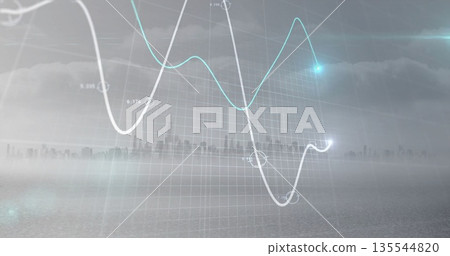 Displaying 3D grid with white and teal line graphs at waterfront skyline, with markers and labels Displaying 3D grid with white and teal line graphs at waterfront skyline, with markers and labels 135544820