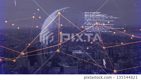 Overlaying translucent digital globe linking golden nodes over skyline at dusk, floating code text Overlaying translucent digital globe linking golden nodes over skyline at dusk, floating code text 135544821
