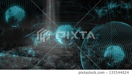 Hovering cyan holographic globe above ruined cityscape with rubble and sandbags, showing data nodes Hovering cyan holographic globe above ruined cityscape with rubble and sandbags, showing data nodes 135544824