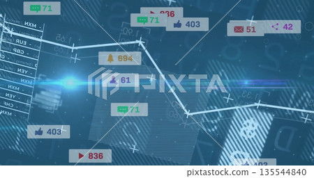 Displaying white trend line chart tracking metrics over dashboard, with floating notification icons Displaying white trend line chart tracking metrics over dashboard, with floating notification icons 135544840