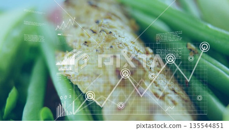 Displaying chicken breast resting on green beans on plate in kitchen, with holographic data overlay 135544851