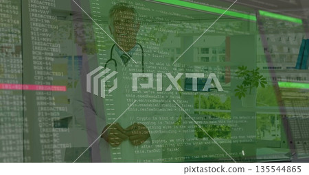 Doctor in white coat wearing stethoscope analyzing code overlay at desk, with laptop Doctor in white coat wearing stethoscope analyzing code overlay at desk, with laptop 135544865