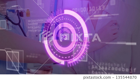 Physician placing stethoscope on patient chest at clinic, with holographic health data display 135544870
