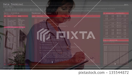 Standing medical professional reviewing code overlay in office, with tablet device and stethoscope Standing medical professional reviewing code overlay in office, with tablet device and stethoscope 135544872