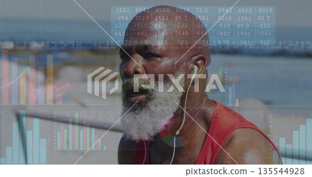 Pausing man wearing red tank, earphones on seaside promenade, with railing and data overlays Pausing man wearing red tank, earphones on seaside promenade, with railing and data overlays 135544928
