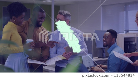 Five coworkers gathering in open-plan workspace, holding tablet and printed documents Five coworkers gathering in open-plan workspace, holding tablet and printed documents 135544934