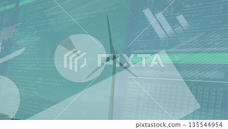 Rotating wind turbine rising into green sky showing code, hex, pie chart, bar graphs, encryption 135544954
