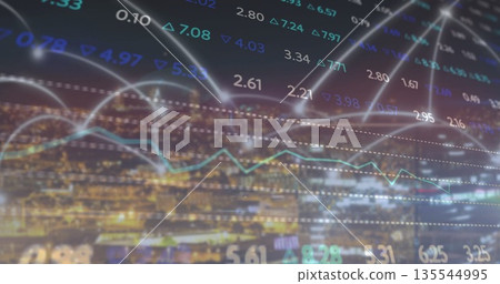 Displaying translucent chart overlay over city skyline at night with numeric values, arrow symbols Displaying translucent chart overlay over city skyline at night with numeric values, arrow symbols 135544995
